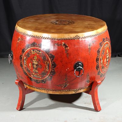 Chinese red lacquer giant ceremonial drum on stand. 26"H x 32"Diam.