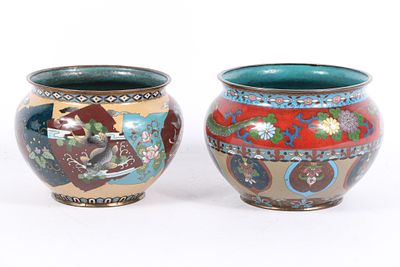 Pair Japanese cloisonne jardiniere planters decorated with figural and floral panels and dragon 