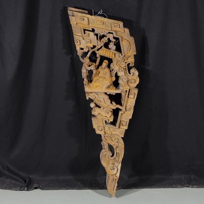 Antique Chinese ornate carved wood architectural openwork scenic corbel ornament 39 1/2"H x 16 3/4"W