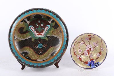 Pair of Chinese cloisonn&eacute; enamel bowls featuring dragon motifs and cherry blossom floral 