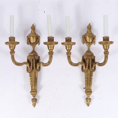 Pair Caldwell French Empire Neoclassical 2 light gilt bronze wall sconces with torch and 