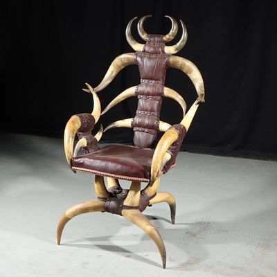 Vintage American Western style Texas longhorn steer horn tall-back armchair with leather 