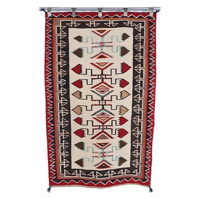 Navajo Teec Nos Pos polychrome hand-spun weaving, 1920-30s, with natural dyes. 39" x 60 1/2". Nav 