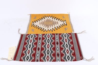Pair Navajo Native American vegetal dyed rug weavings: banded geometric, serrated diamond 12 