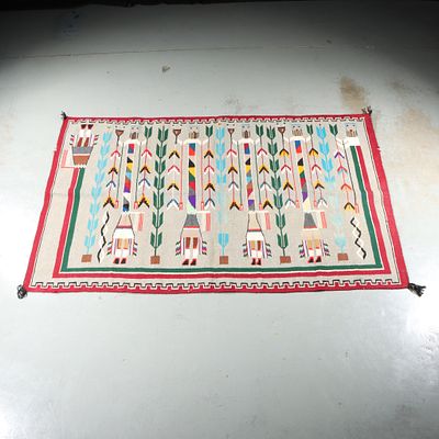 Navajo Native American Yei rug blanket weaving; many vivid colors with detailed figures. 46H x 70W