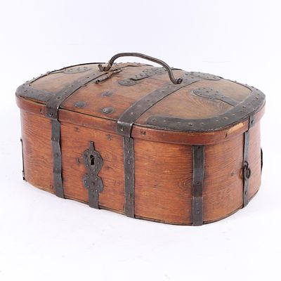 Antique 19th Century Swedish pine trunk wedding box travel chest with riveted iron straps. 11 