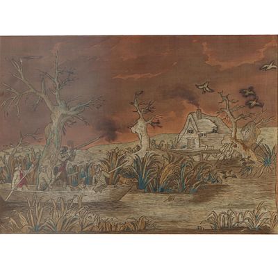 Framed English silk needlework duck hunting scene, c.1800 13 1/8H x 18 1/2W (sight), 16 1/2H 