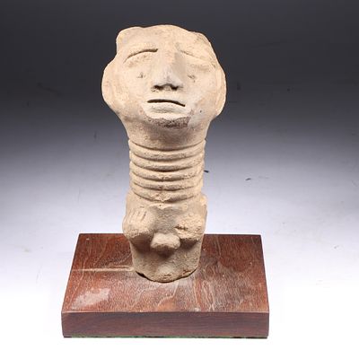 African art; Akan funerary terracotta earthenware memorial funerary figure head. 8 1/2"H x 6 1/4"W