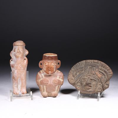 Three Pre-Columbian earthenware pottery relics, Zapotec head in headdress fragment, terracotta 