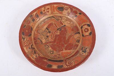 Mayan Pre Columbian polychrome pottery bowl vessel with incised figural decoration, and tripod 