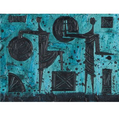 Luzon signed Mid Century Modernist abstract warrior figure impasto oil painting on canvas 9"H x 