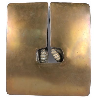 Unknown artist, large post modern / modernist abstract wall hanging bronze sculpture, hands in 