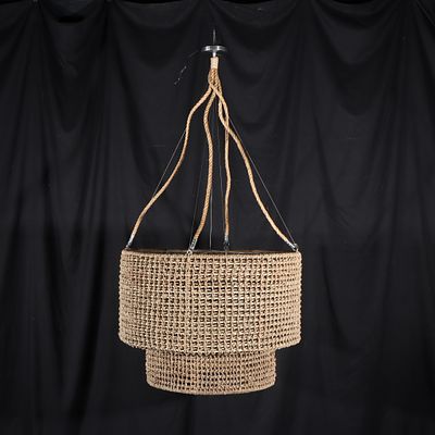 Large natural woven Manila rope two tier drum chandelier hanging pendant light. 24 1/2"H x 32 