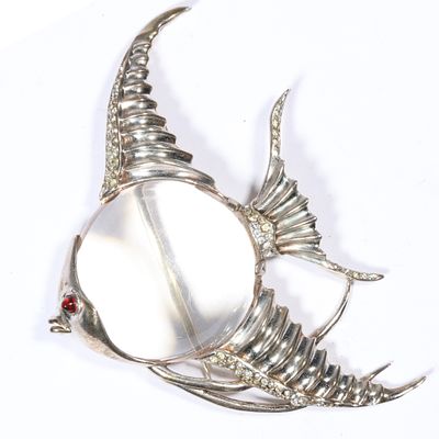 Trifari Alfred Philippe 1943 sterling "Angel Fish" jelly belly book piece fur clip with red 
