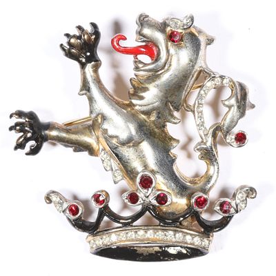 Reja early 1940's sterling vermeil Lion Griffin Heraldic brooch with enamel and rhinestone 