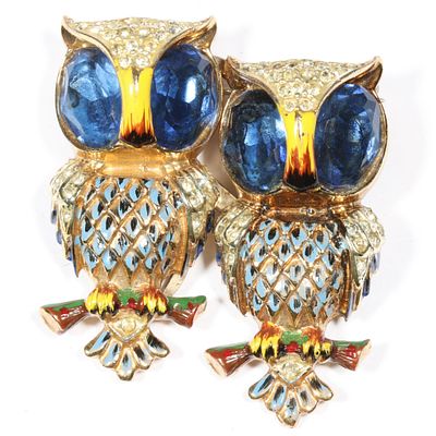 Coro / Coro Craft Adolph Katz enameled 'Hoots' owls sterling vermeil Duette dress clips brooch 