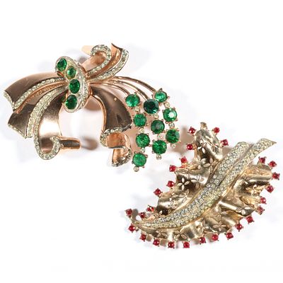 Coro / Coro Craft sterling vermeil brooch and fur clip with rhinestone crystal accents. 2"H x 2 