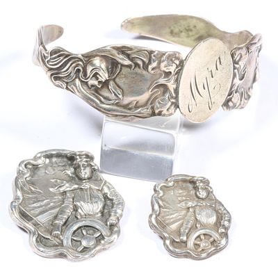 Unger Brothers sterling silver cuff bracelet with Art Nouveau ladies on the sides, and pair of 
