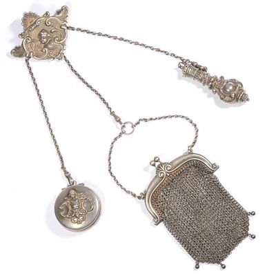 William B. Kerr Victorian sterling silver chatelaine with pill box, perfume bottle and 