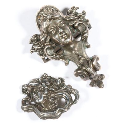 William Kerr sterling silver Art Nouveau lady buckle and brooch fob. 2"H x 1 1/2"W (buckle). Will 