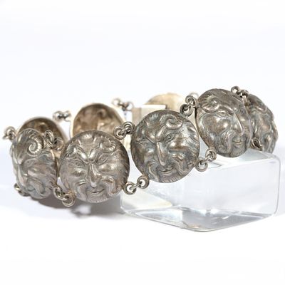 Antique unmarked sterling? 800? silver Pan / Horned mythological god panel bracelet. 6 1/2"L x 3/4"W
