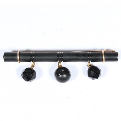 Antique Victorian 14K gold possibly jet mourning bar brooch with bead dangles. 2 1/4"L x 3/4"Drop. 