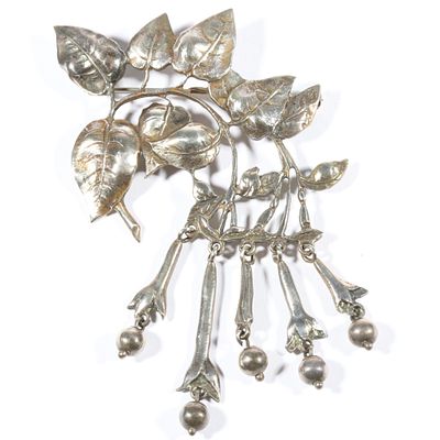 Guglielmo Cini sterling silver fuchsia flower drop brooch. 3 3/4"Drop x 2 1/2"W. Guglielmo Cini 