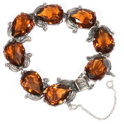 Vintage Guglielmo Cini sterling silver bracelet with large smokey amber stones 7 1/4"L x 3/4"W