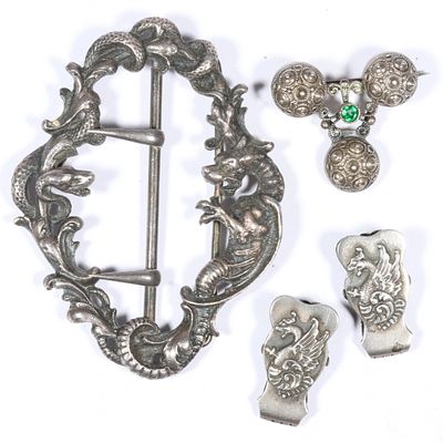 Antique Victorian 935 sterling silver dragon and snake buckle, sterling dragon clips, and 800 
