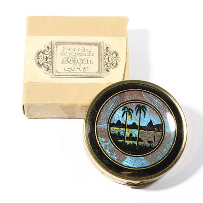 French Souvenir Rio butterfly wing colette powder compact unused, with original box. 2 1/8"Diameter
