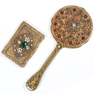 Vintage jeweled vanity accessories with filigree hand mirror and enamel floral pill box. 7 