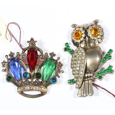 Retro Deco sterling vermeil jeweled crown pendant brooch and jeweled sterling vermeil owl 