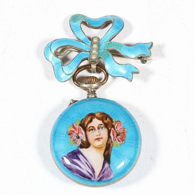 Antique Elba blue guilloche enamel lapel pin watch with hand painted portrait of a lady 2"H x 1 