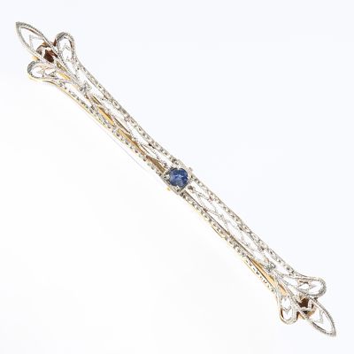14K yellow and white gold filigree bar brooch with sapphire 2"L. 14K yellow and white gold 