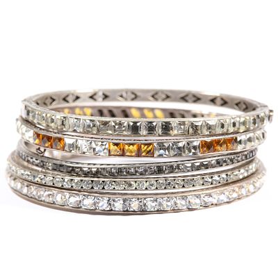 Art Deco mostly sterling channel set rhinestone crystal bracelet stack 2 3/8"Inner Diameter. Art 