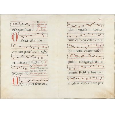 Illuminated manuscript leaf from an antiphonal featuring Gregorian chant music and Latin text 