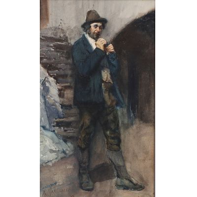Antonio Gargiullo, Italian (19th Century), portrait of a man smoking double sided, watercolor on. 