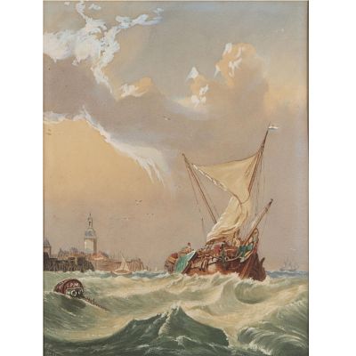 after Corneille Seghers, Belgian (1814-1875), boat in a storm, seascape maritime scene, lithograph,