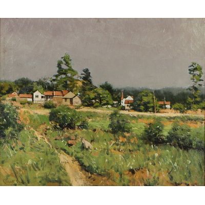 Gilbert Gaul, American (1855 - 1919), rural summer landscape, oil on canvas, 20"H x 24"W(stretcher),