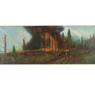 Attr. to William M. Lemos, California (1861 - 1942), Forest Fire landscape, oil on canvas, 13 3/4?H
