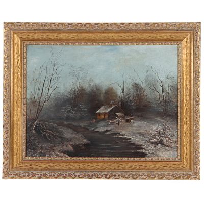 Boathouse on Iowa River, early 20th Century American School cottage landscape oil painting on 