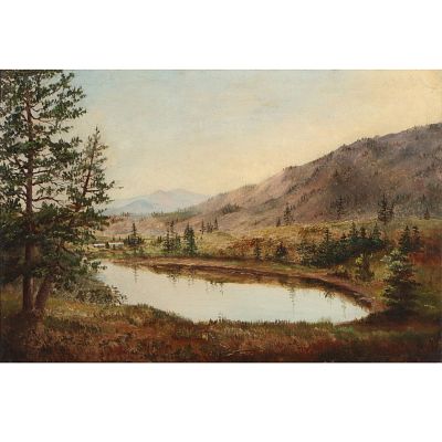 Unknown American School "Conejack Colorado" 20th Century mountain landscape with lake, oil 