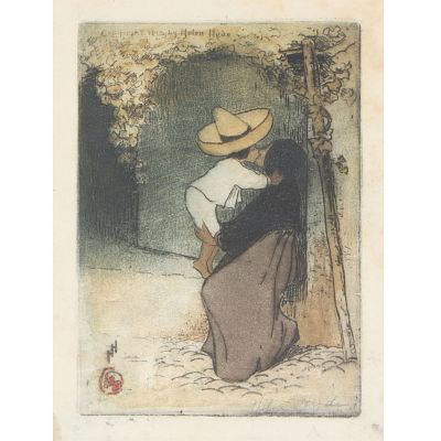 Helen Hyde, American (1868-1919), In Mexico, 1913, color etching, 8 1/4"H x 6 1/4"W(sight), 14 1/4"H