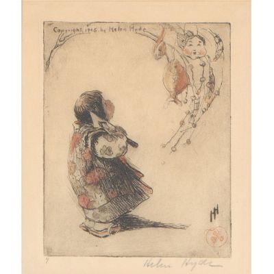 Helen Hyde, American (1868-1919), The Lucky Branch, 1915, color etching, 6"H x 5"W(sight), 11 1/2"H