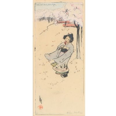 Helen Hyde, American (1868-1919), Cherry Snow, color etching, 12"H x 5 1/2"W(sight), 17 3/4"H x 11. 