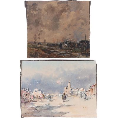 Paul Emile Lecomte, French (1877-1950), 2 Orientalist village scene landscapes, 1907/1917,. Paul 