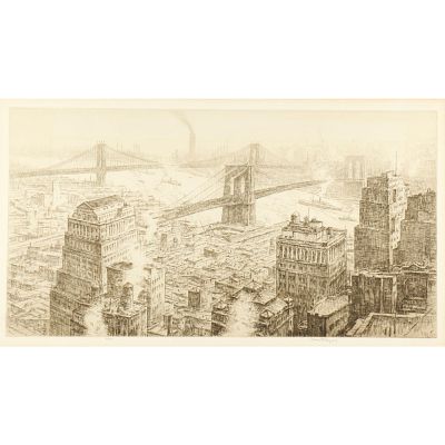 Kerr Eby, Canadian (1890-1946), Two Bridges, New York, NYC, etching, 8"H x 15"W (plate), 11 1/2"H x