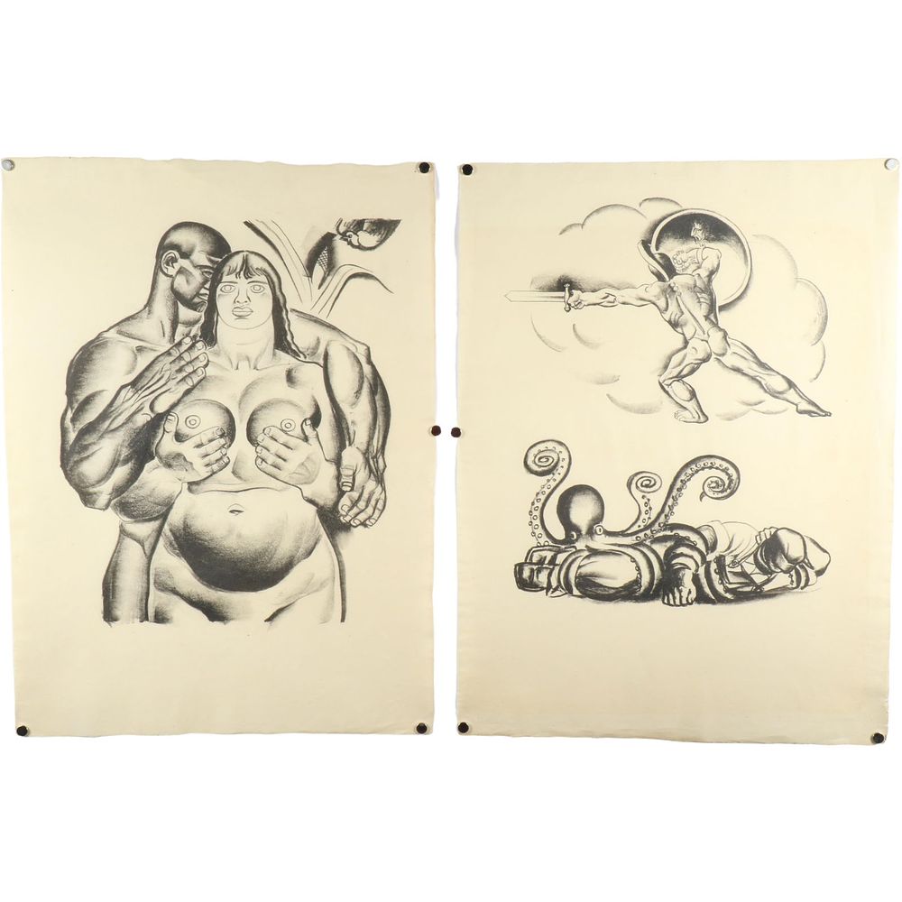 Hugo Gellert, Hungary (1892 -1985), nude male and female and octopus battle, two lithograph prints,