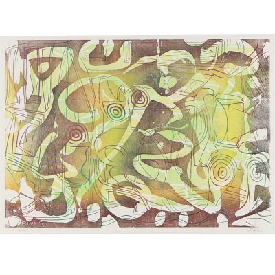 Ed Funk, Indianapolis (1953-2013), Spotlite, 2001, woodcut, 18"H x 25"W(sight), 28 1/4"H x 34. Ed 