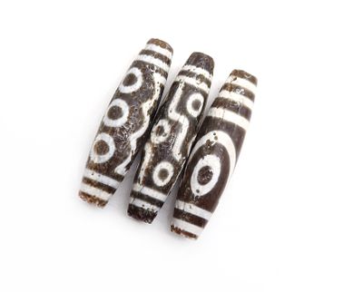 Tibetan Agate Dzi Beads, Ancient Beads. Three Tibetan Dzi beads, featuring distinct black and 